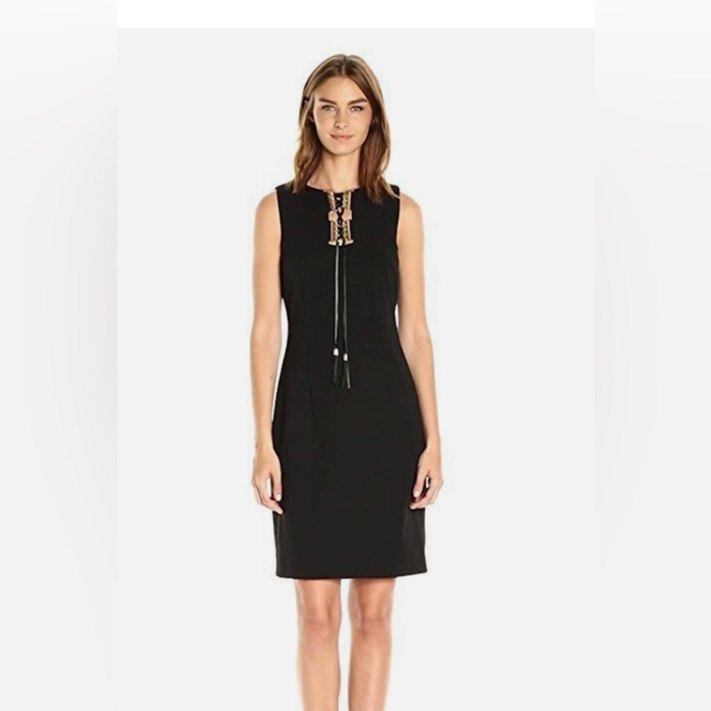 Tahari Black Scuba Crepe Dress With Faux Leather Ties